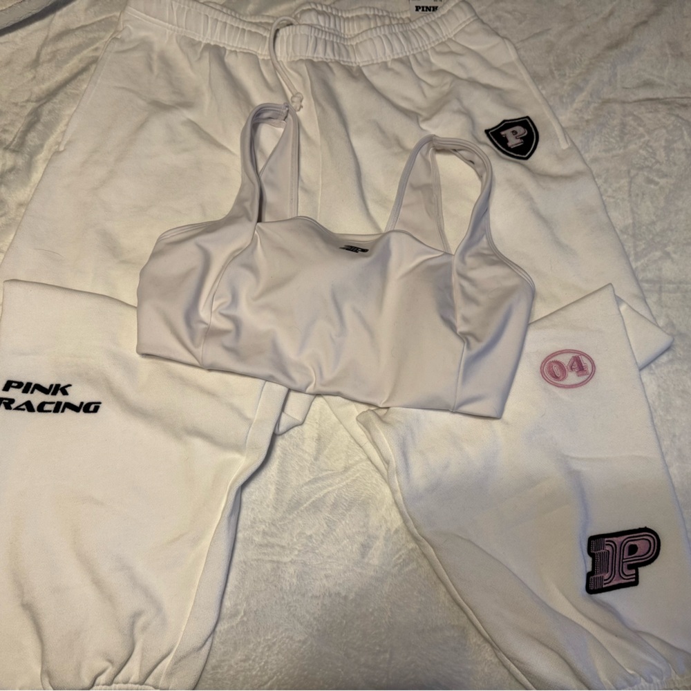 PINK Victoria's Secret White Racing Sweatpants with Matching Sports Bra